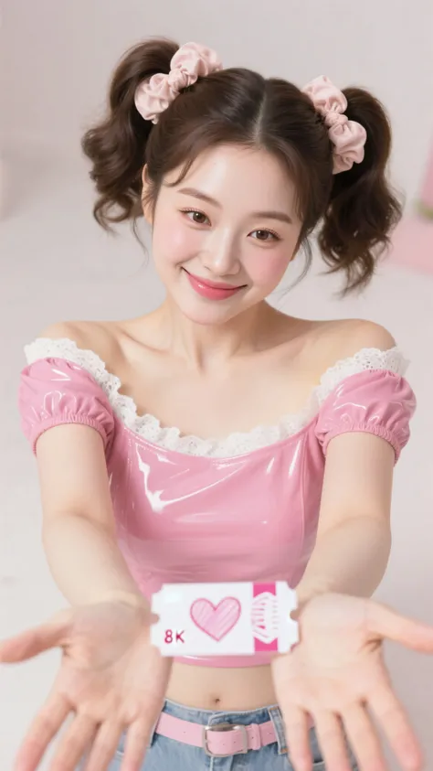 8k, Masterpiece, Top Quality, beautiful Korean woman, clear skin, two high pigtail updo hair, big fluffy scrunchies, wearing shiny pink vinyl-like crop top, cute white lace ruffles at neckline, off-shoulder sleeves, POV high angle shot, looking down, focus...