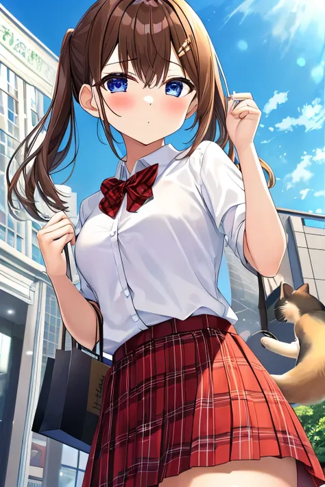 1 girl playing with a cat、brown hair semi-long、uniform、恥ずかしそうに手を引く、shopping mall、from below、恥ずかしそうに手を引く、red plaid skirt that shyly pulls hands off、masterpiece、Highest Quality、Uncorrected