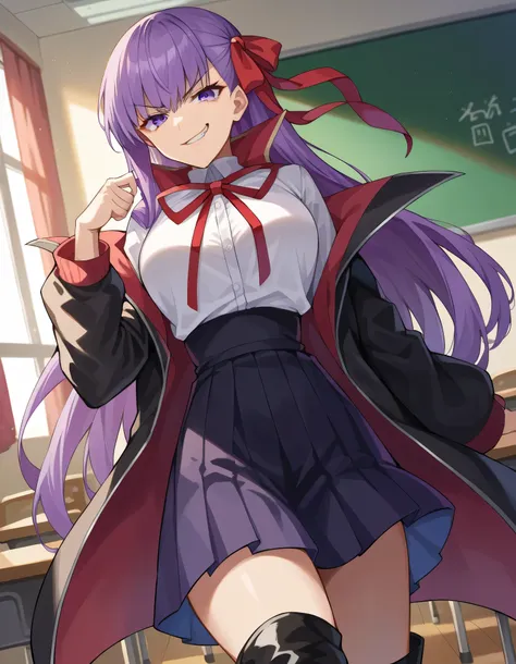 score_9, score_8_up, score_7_up, Source_Anime,
thick, 
bb, purple hair, Long Hair, bungs,
PURPLE EYES, black Jacket, black Skirt, collared shirt, hair ribbon, high-waist Skirt, Jacket, long sleeve, neck ribbon, open clothes, open Jacket, pleated Skirt, red...