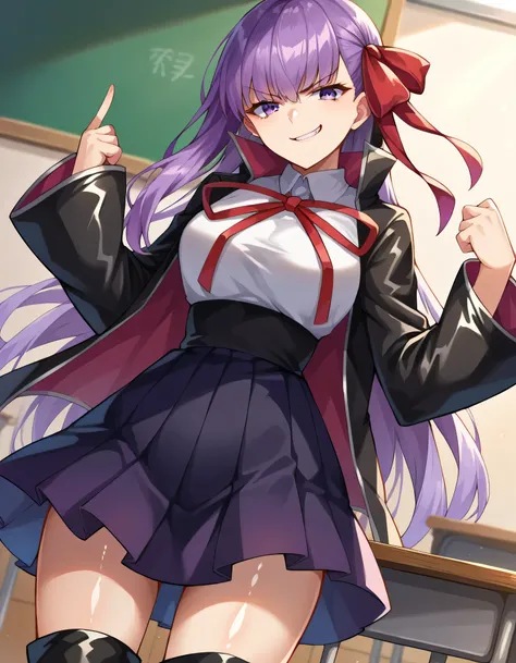 score_9, score_8_up, score_7_up, Source_Anime,
thick, 
bb, purple hair, Long Hair, bungs,
PURPLE EYES, black Jacket, black Skirt, collared shirt, hair ribbon, high-waist Skirt, Jacket, long sleeve, neck ribbon, open clothes, open Jacket, pleated Skirt, red...