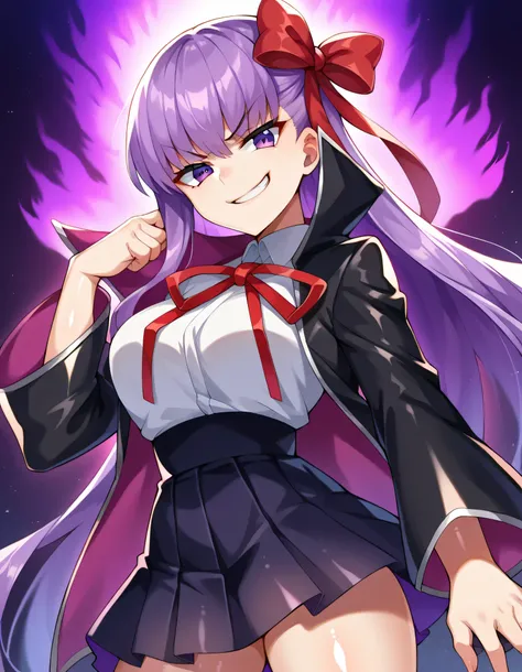 score_9, score_8_up, score_7_up, Source_Anime,
thick, 
bb, purple hair, Long Hair, bungs,
PURPLE EYES, black Jacket, black Skirt, collared shirt, hair ribbon, high-waist Skirt, Jacket, long sleeve, neck ribbon, open clothes, open Jacket, pleated Skirt, red...