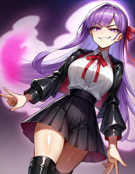 score_9, score_8_up, score_7_up, Source_Anime,
thick, 
bb, purple hair, Long Hair, bungs,
PURPLE EYES, black Jacket, black Skirt, collared shirt, hair ribbon, high-waist Skirt, Jacket, long sleeve, neck ribbon, open clothes, open Jacket, pleated Skirt, red...