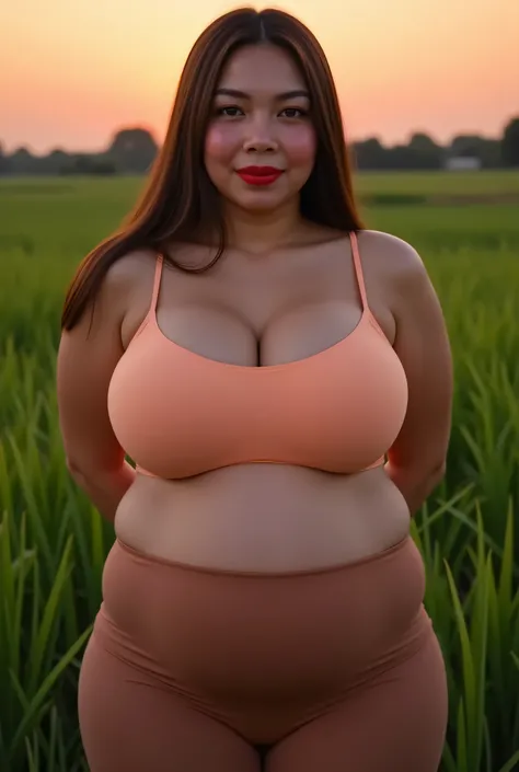Bbw Fat, rambut LURUS menutupi telinga perfectly, Wearing peach plain Strapless Bra , view from the front,  both hands lying behind back, background rice paddy. twilight is red atmosphere, FRONT IMAGE, red lips 👄 (Detailed translucent high waist neon brown...