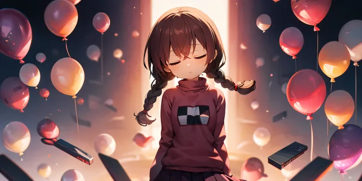  Madotsuki , one girl,pink sweater, logo, Skirt,  closed both eyes, Holding a knife, kill, upper body, shadow,  dark, Blood,balloon,   In a dream,