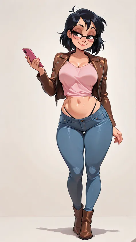 1girl, Alone, Masterpiece, armor, high calidad, high resolución, 4k, 30 year olds, office style black frame eyeglasses, high, slender, brown leather jacket, pink sweatshirt, Grandes pechos, jeans color azul, strips of the thong sticking out over the jean, ...