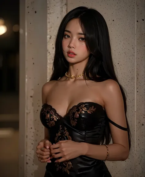 black pink Lisa, almond-shaped eyes, full lips, Large, voluptuous breasts 