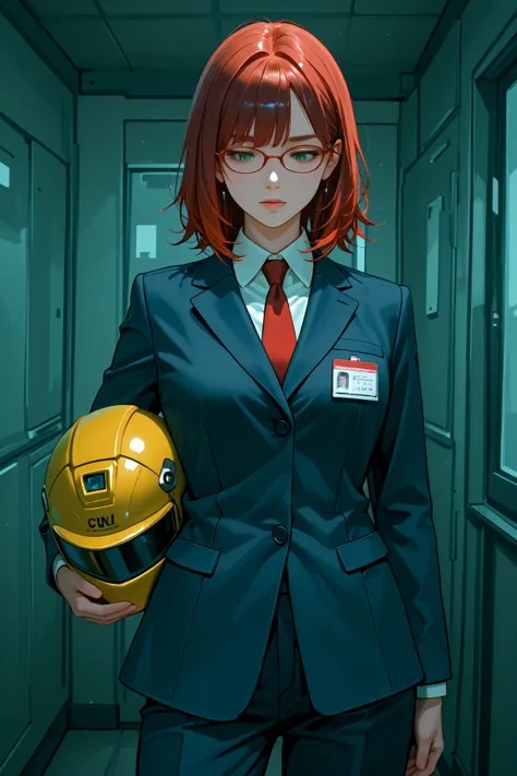 women with the same person on the left and right, They are both 25 years old, have green eyes,thick eyebrows ,another々places, 
left side information 1:Unruly red hair, 
left side information 2:background is factory, Wearing work clothes, wearing work cloth...