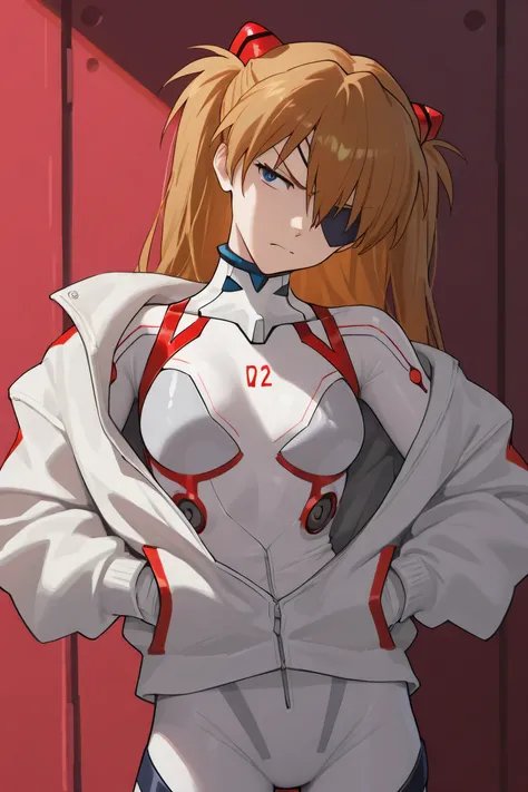 asuka langley, eyepatch,removing jacket, white eva suit, head tilt, hands on pocket, annoyed face, best quality, masterpiece, badass