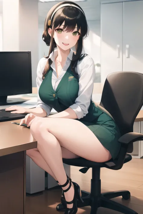 Yellow Hairband，long black haired woman,I definitely need a face，,after the white blouse， green vest,green skirt，Office office clerk,can you draw a 30-year-old woman with a nice smile,Accurate representation of hands and legs， 