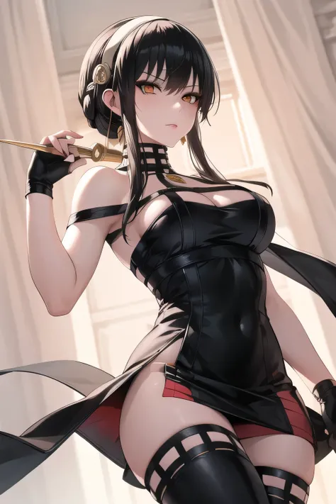 Yellow Hairband，I have long black hair up , can I draw a woman wearing a black sleeveless miniskirt dress, Hitman,assassin ，Has a ruthless expression,I have a weapon with a long needle in both hands,I need a face so much,，