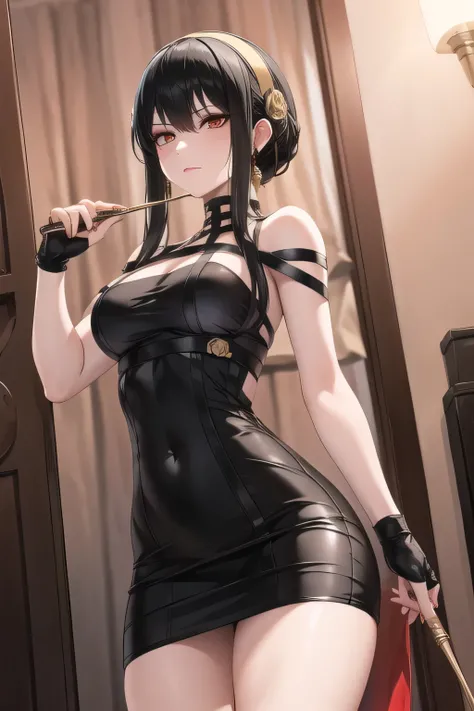 Yellow Hairband,I have long black hair up , can I draw a woman wearing a black sleeveless miniskirt dress, Hitman,assassin ,Has a ruthless expression,I have a weapon with a long needle in both hands,I need a face so much,,