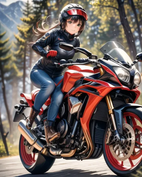 ((( Masterpiece:1.3, Best Quality, hight resolution, nffsw, Perfect Pixel,  4K, nffsw, nffsw))), 1girl in, Off-road motorcycle driving on spring country roads、18-year-old girl、jet helmet、((December scenery, white Christmas, softly falling snow, she drives ...