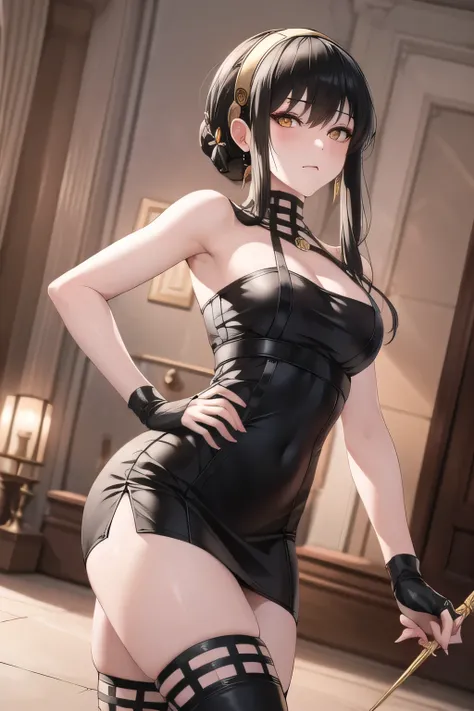 Yellow Hairband,I have long black hair up , can I draw a woman in a black sleeveless miniskirt dress, Hitman, Assassin ,I have a ruthless expression,I have a weapon with long needles in both hands,I need a face so much,,
