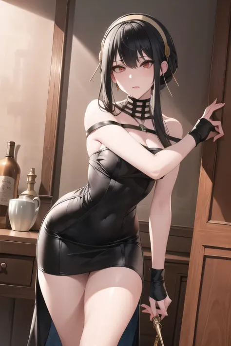 Yellow Hairband，I have long black hair up , can I draw a woman in a black sleeveless miniskirt dress, Hitman, Assassin ，I have a ruthless expression,I have a weapon with long needles in both hands,I need a face so much,，