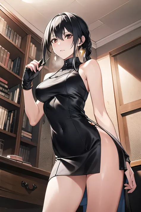Yellow Hairband,I have long black hair up , with a ruthless expression, Hitman, Assassin ,Can you draw a woman in a black sleeveless miniskirt dress,With a ruthless look,I need a face so much,,