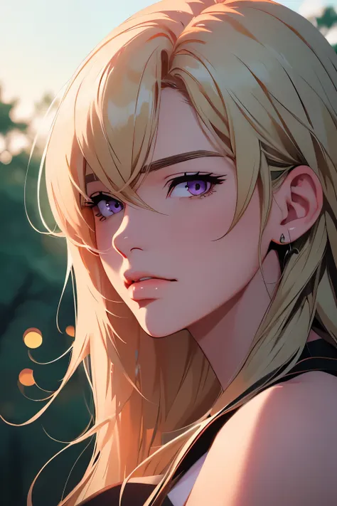 2d illustration, anime, a painting portrait in fine arts, in manhwa style, Bishamon from noragami, yang xiao long from rwby, ((mature)), 1woman, blond, long hair, purple eyes, makeup, beautiful, high definition, masterpiece, best quality, ((high detailed e...