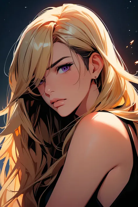 2d illustration, anime, a painting portrait in fine arts, in manhwa style, Bishamon from noragami, yang xiao long from rwby, ((mature)), 1woman, blond, long hair, purple eyes, makeup, beautiful, high definition, masterpiece, best quality, ((high detailed e...