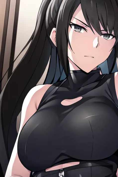can you draw the facial expression more delicately，big ,Can you draw a big picture，，I have long black hair down， , With a ruthless look, Hitman,      Assassin ，can you draw a woman in a black sleeveless miniskirt,With a ruthless look,I need a face so much,...