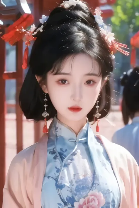 ( Masterpiece, high quality, BEST QUALITY, Official Art, beautiful and beautiful:1.2), (1 girl:1.3), flat chest, Extremely Detailed,(Fractal Art:1.1),(Flowers:1.3),Highest detail,(Dynamic Pose), (Background:1.3), (traditional Chinese blue and white costu...