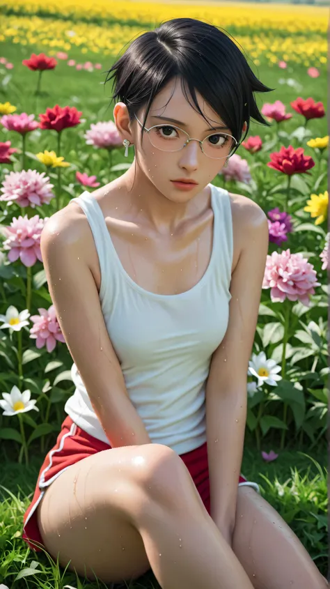 1girl, solo,sarada uchiha,black eyes,black hair,undercut hair,outdoors,potrait,small breast,wearing glasses,nature backround,(wear tanktop:1.5),earings,earings,(sitting on flower field:1.5),(sweating:1.5) 