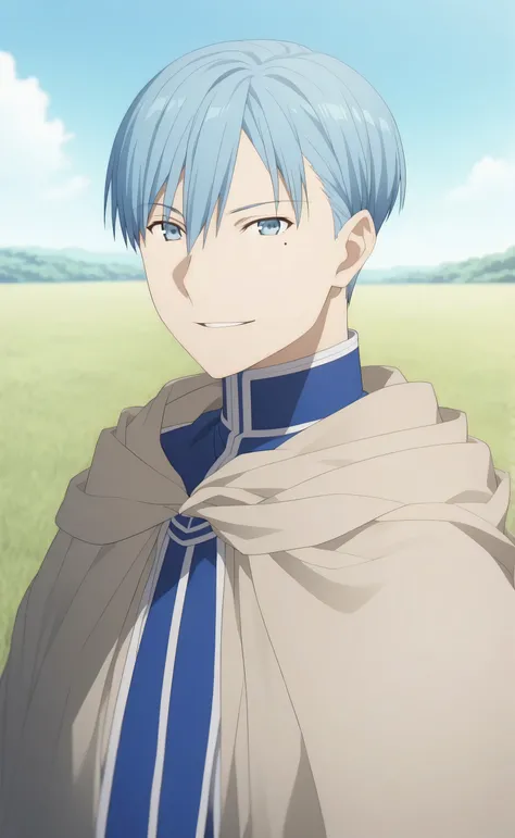 1male,solo,himmel, blue hair, blue eyes, short hair,hair between eyes,bang, mole under eye,beige cape,smile,gentle,grassland,blue flower,Sword Art Online Anime Style,