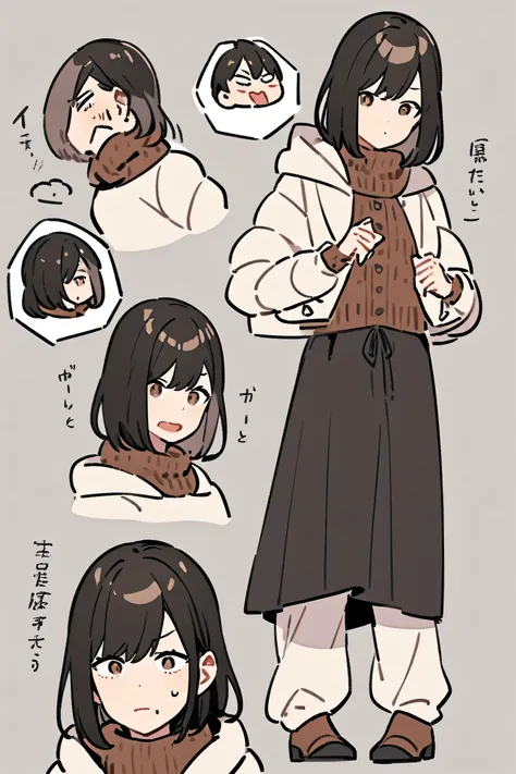 Young girl, with very short dark hair, with dark brown eyes and with stylish warm clothes,  male aura, different expressions and poses, full body,  simple drawing  