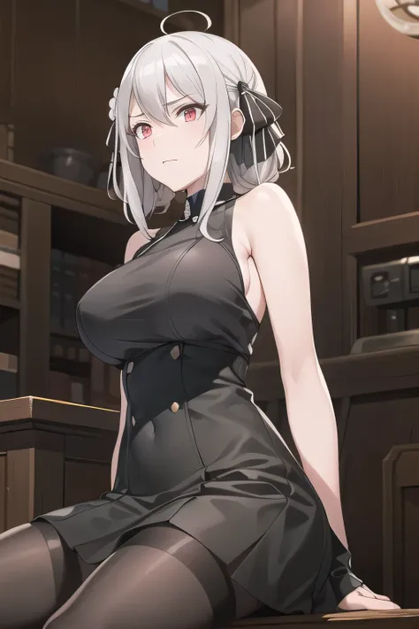 Twin tails with silvery hair，Can you draw big  bigger， , With a ruthless look, Hitman,     Assassin ，Can you draw a woman in a black sleeveless miniskirt dress,With a ruthless look,I need a face so much,，