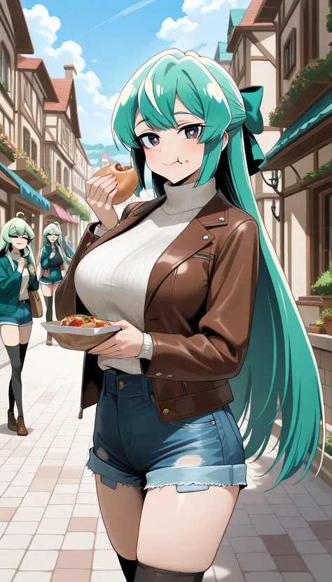 ( best quality , 8k , masterpiece , incredibly absurdres , beautiful woman , perfect body , super detailed skin , highly detailed eyes and face ) , 1 person , mahou shoujo ni akogarete magiaazul , green_hair,long_hair , swept bangs , bright pupils , half u...
