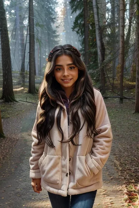 Little Latin girl walking through the autumn forest, rogowoarboretum,  long wavy hair, Photorealistic,  face, symmetrical eyes, look at the camera, light smile, dove eyes, leaves that fall, soft pastel colors, intricate volumetric atmospheric fog, route tr...