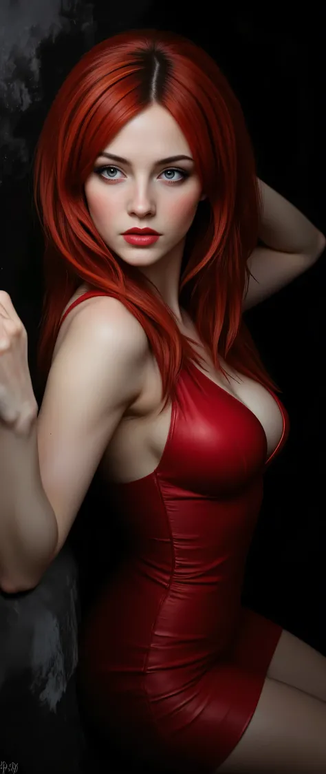 1woman, very fair skin, gothic style, long red hairs, light grey eyes, red lips, red V-neck dress, midriff, navel, huge breasts, visible cleavage, sexy pose, dramatic light,