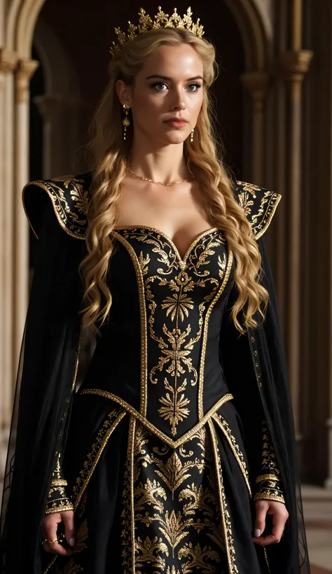 Kelly Preston as Cersei Lannister, Game of Thrones, regal and powerful queen, golden-blonde hair styled in elegant braids, luxurious black and gold gown with intricate embroidery and a high neckline, confident and cold expression, piercing eyes, golden cro...