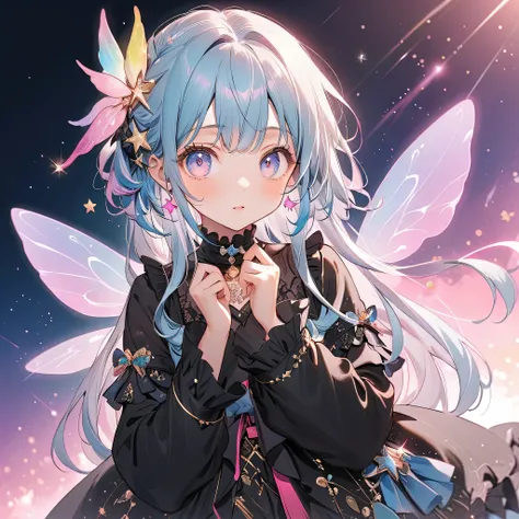 Facing Viewers、character design sheet、Long Smooth Hair、Unique Hairstyle、big eyes、From Pastel Pink Eye gradation to pastel blue、Ruffles on the collar 、masterpiece、best quality、High Quality、details、超details、超details、めちゃくちゃdetails、Exquisite、beautiful、FHD、Fu...