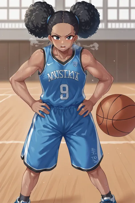 score_9, score_8_up, score_7_up, 1girl, solo, african_american girl, dark-skinned female, black hair, afro, two buns, curly, black eyes, blue tanktop, basketball uniform, jersery, sportswear, blue shorts, socks, sports shoes, gymnasium, open mouth, out of ...
