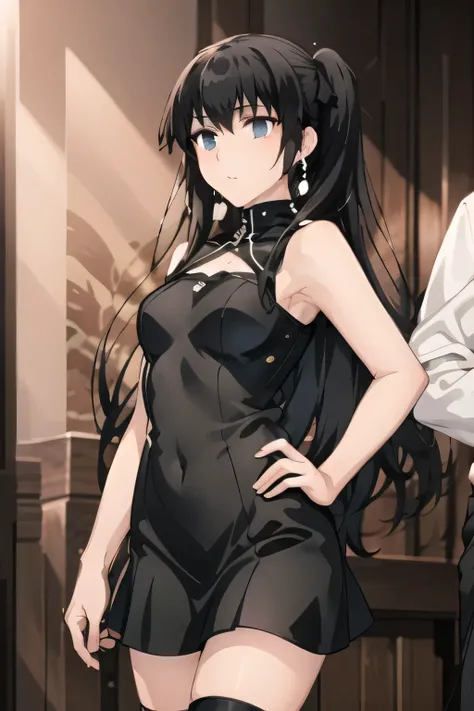 black hair twin tail，Can you draw big， , With a ruthless look, Hitman,      Assassin ，can you draw a woman in a black sleeveless miniskirt dress,With a ruthless look,I need a face so much,，The animated CG，