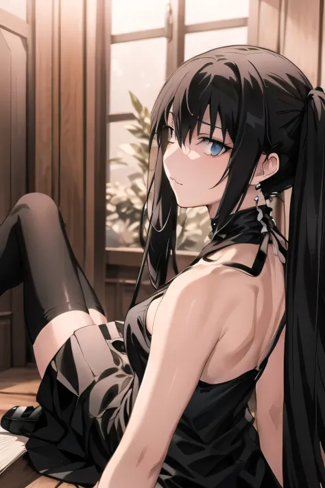 black hair twin tail,Can you draw big, , With a ruthless look, Hitman, Assassin ,can you draw a woman in a black sleeveless miniskirt dress,With a ruthless look,I need a face so much,,The animated CG,