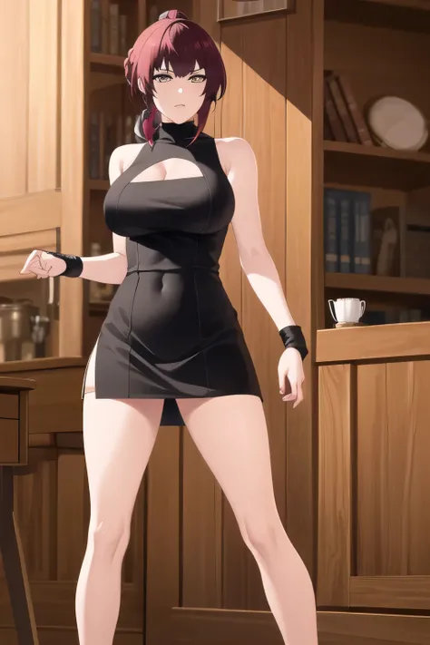 Can you draw a woman with a yellow ponytail，，big breasts even bigger， , With a ruthless look, Hitman,      Assassin ，can you draw a woman in a black sleeveless miniskirt dress,With a ruthless look,I need a face so much,，Accurate representation of hands and...
