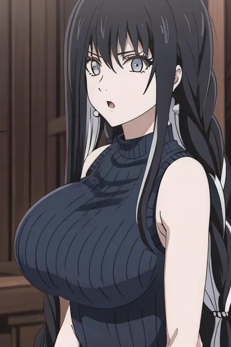 Can you draw a woman with long black hair，，can you draw big breasts even bigger， , With a ruthless look, Hitman,     Assassin ，can you draw a woman in a black sleeveless miniskirt dress,With a ruthless look,I need a face so much,，