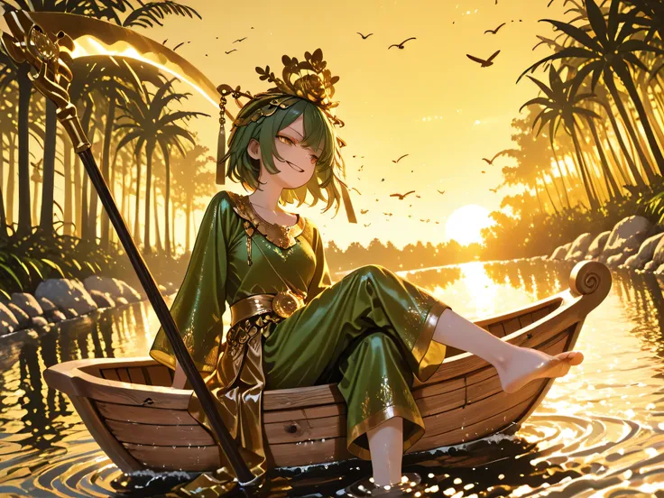 young girl Wearing a golden green scythe dress, Wearing ancient Thai clothes, face up, Looking Forward, Arrogant Glitter, Smirking, Wearing Thai bandana, golden cloth used in place of pants, Gold-rimmed bird costume, amber eyes, wearing a golden crown, sit...