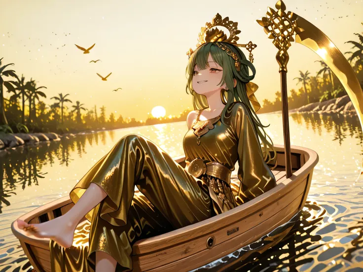 young girl Wearing a golden green scythe dress, Wearing ancient Thai clothes, face up, Looking Forward, Arrogant Glitter, Smirking, Wearing Thai bandana, golden cloth used in place of pants, Gold-rimmed bird costume, amber eyes, wearing a golden crown, sit...