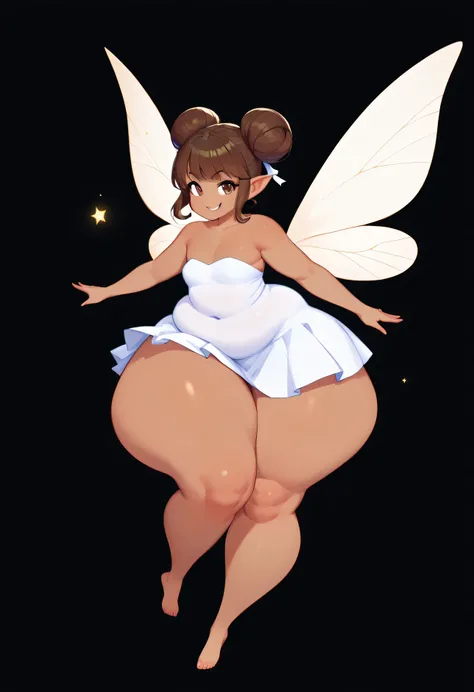 very small but extremely fat fairy, wearing a thin white dress skirt, plump round face, two large brown hair buns, lightly tanned skin, barefoot, very large pudgy belly, enormous thighs and hips, thick arms, very large chest/bust, immense gut, fupa, orange...