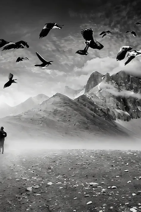 A picture of a real old man walking in mountains and flying birds in the sky on a black and white background