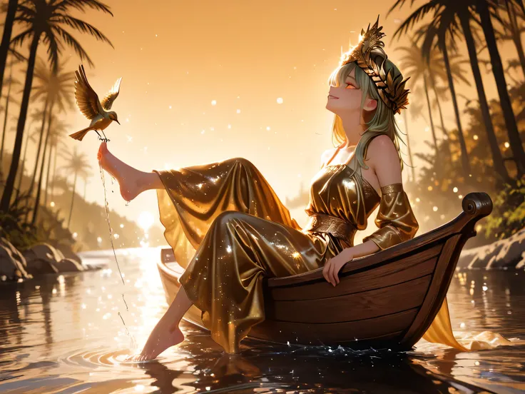 young girl Wearing a golden green scythe dress, Wearing ancient Thai clothes, face up, Looking Forward, Arrogant Glitter, Smirking, Wearing Thai bandana, golden cloth used in place of pants, Gold-rimmed bird costume, amber eyes, wearing a golden crown, sit...