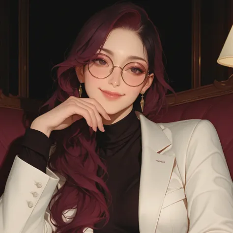 Create a dramatic semi-realistic drawing of a woman. She has a fit and beautiful body.she has blackish maroon colored hair.she has reddish black eyes.Has a flat but also cunning facial expression.Wearing earrings.Has a dominant and attractive appearance.Sm...