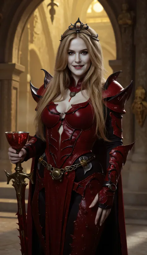 Kelly Preston as Orin, Baldur's Gate, pale white skin with swirls, red body suit, dark seductive vampire queen, long silver-blonde hair in a thick braid, intricate red and black organic armor that appears fused with her body, stands confidently, holding a ...