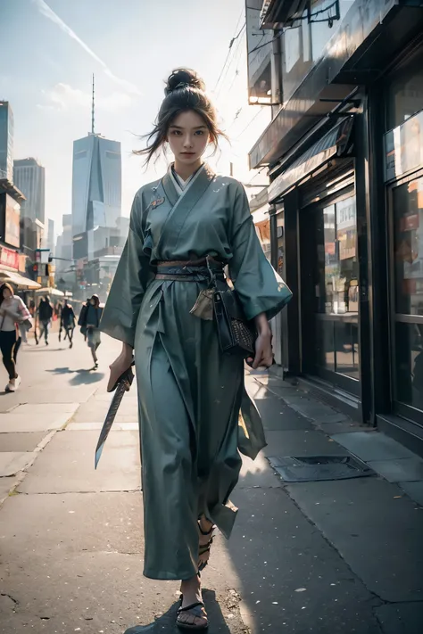 "A high-resolution 8K portrait of an Asian woman dressed in modern casual clothing, carrying a traditional sword tucked at her side. She stands in the middle of a bustling city street under a bright, clear sky. Her facial expression shows confusion, with w...