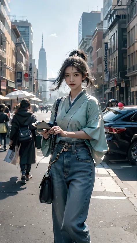 "A high-resolution 8K portrait of an Asian woman dressed in modern casual clothing, carrying a traditional sword tucked at her side. She stands in the middle of a bustling city street under a bright, clear sky. Her facial expression shows confusion, with w...