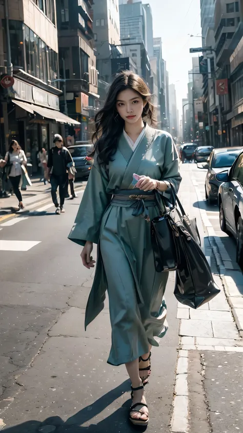 "A high-resolution 8K portrait of an Asian woman dressed in modern casual clothing, carrying a traditional sword tucked at her side. She stands in the middle of a bustling city street under a bright, clear sky. Her facial expression shows confusion, with w...