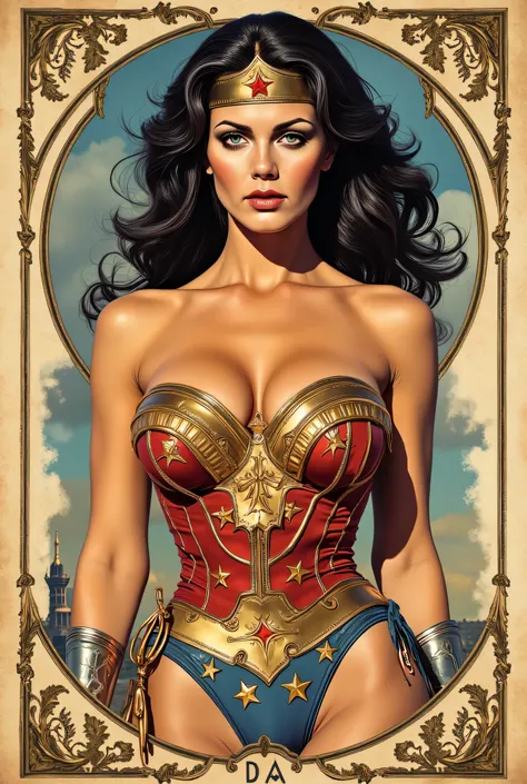 ( BEST ILLUSTRATION:1.2), ( Masterpiece:1.2 ), (   super detailed ),  8,000, 16K,  wallpaper,(  Fantasy:2.0) ,Wonder Woman, Almost naked , Graphic novels,MTG Style ,（ Screen designed for Tarot theme ），（Draw a Tarotel-style border around the screen），（（ Rese...
