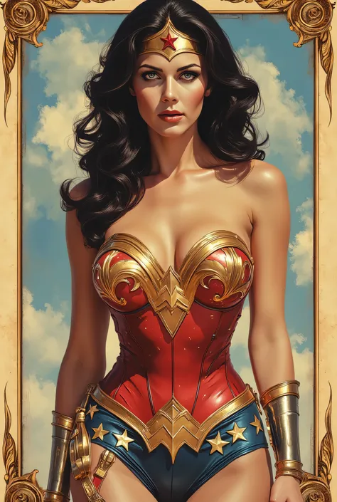 ( BEST ILLUSTRATION:1.2), ( Masterpiece:1.2 ), (   super detailed ),  8,000, 16K,  wallpaper,(  Fantasy:2.0) ,Wonder Woman, Almost naked , Graphic novels,MTG Style ,（ Screen designed for Tarot theme ），（Draw a Tarotel-style border around the screen），（（ Rese...