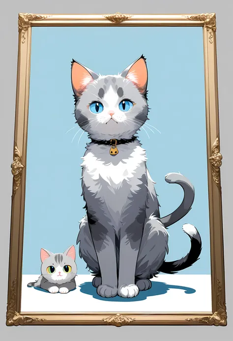 , (masterpiece:1.2), best quality,PIXIV,
1cat,gray fur cat, illustration style, facing front, kitten ,light blue eyes, a light blue background, a composition seen from the front, a composition in which the whole body is reflected in the angle of view,short...